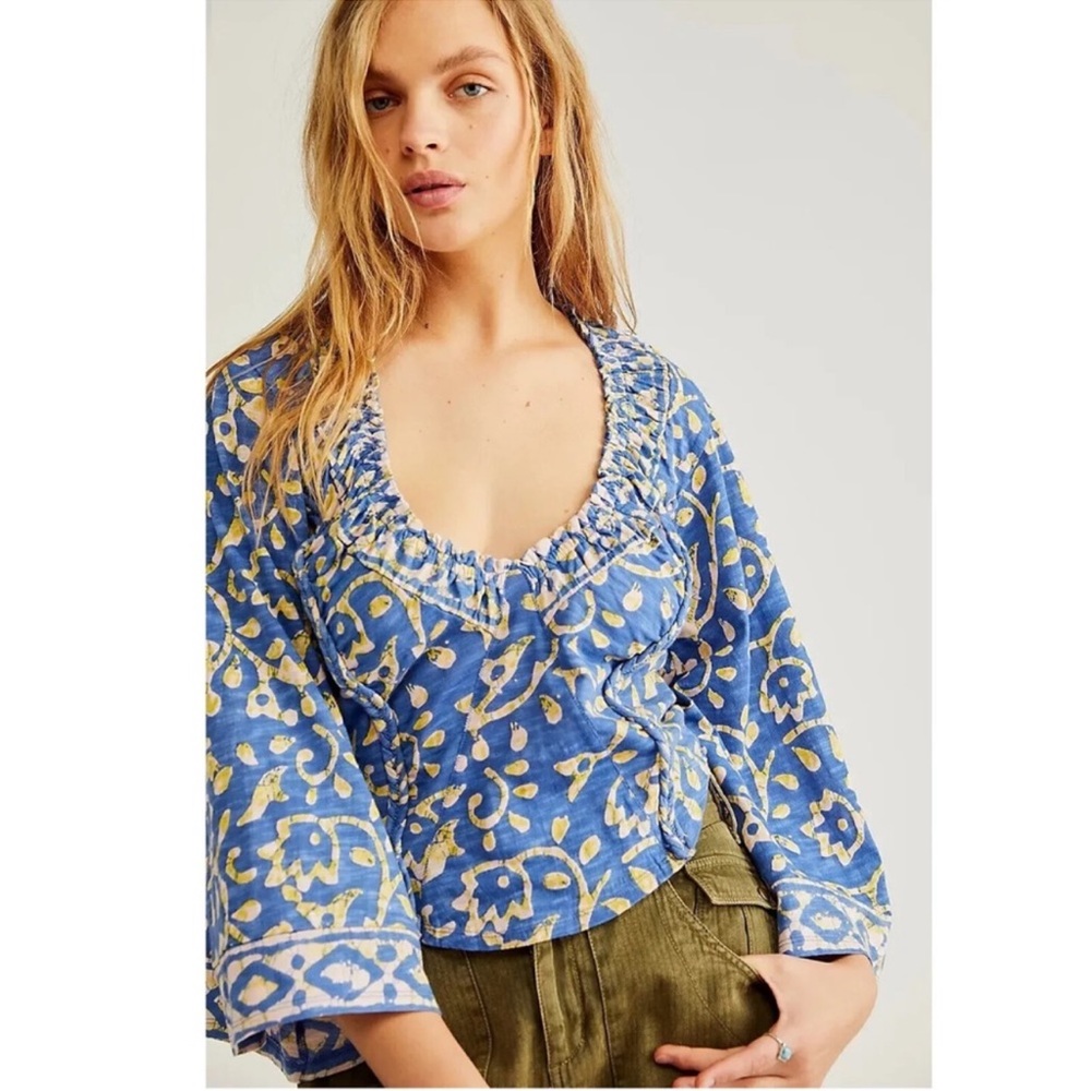 Free People On The Block Bell Sleeve Blue and Yellow Printed Top XS